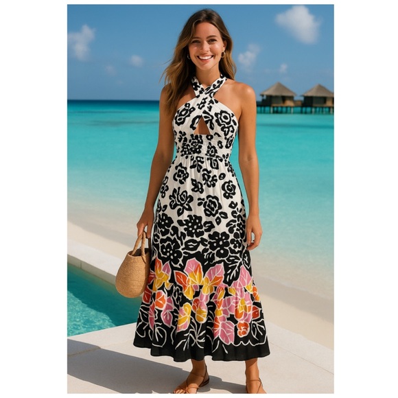 Plenty by Tracy Reese Floral Halter Maxi Dress Anthropologie White Black S NWT - Picture 2 of 14